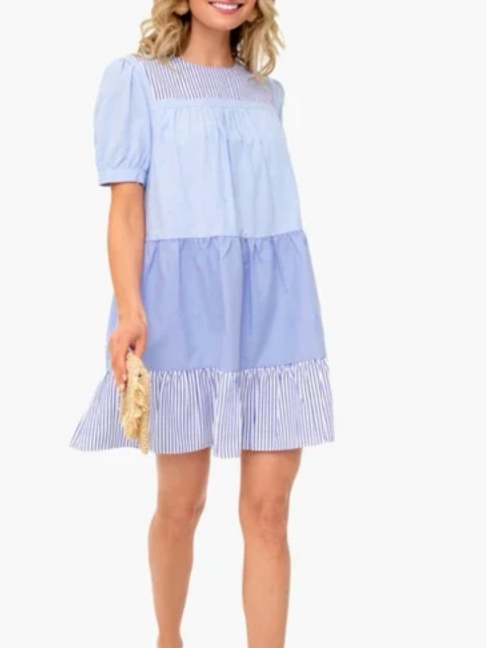 English Factory Light Blue Tiered Dress with Navy-White Striped Yoke and Hem